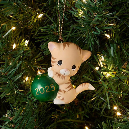 Precious Moments Purr-fectly Festive 2025 Dated Cat Bisque Porcelain Ornament – Festive Tabby with Christmas Ball – 251007