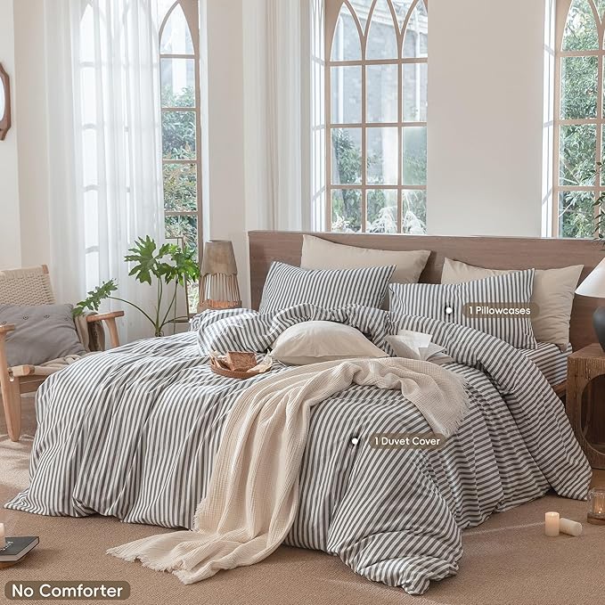 MooMee Striped Duvet Cover Set 100% Washed Cotton Linen Like Textured Breathable Durable Soft Comfy (Dark Grey White Classic Stripes, Twin 68"x90")