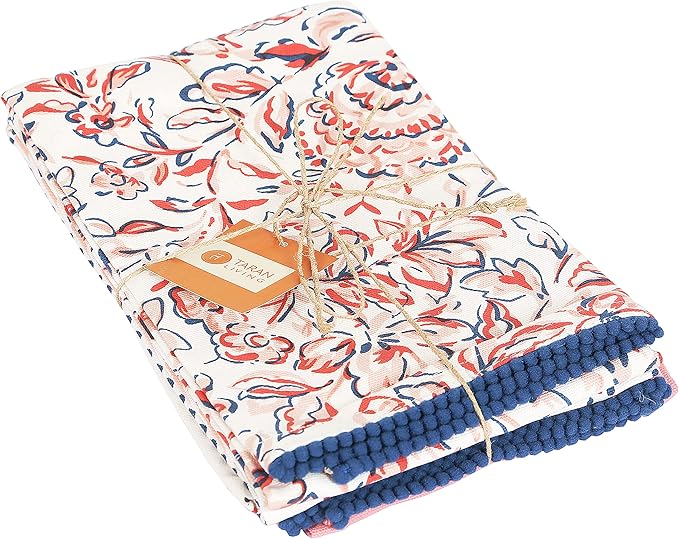 TARAN LIVING Printed Kitchen Dish Bar and Tea Towels Cotton, 18x28 inch with Trims, Cotton Dish Towel Sets (White & Peach, Set of 4)