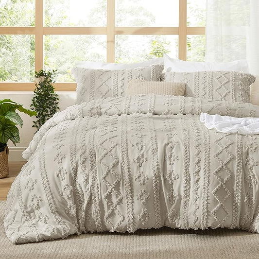 Bedsure Tufted Boho Comforter Set Oversized Queen - Linen Boho Bed Set, GentleSoft™ 3 Pieces Farmhouse Shabby Chic Embroidery Bedding, Gifts for Woman, Soft Jacquard Comforter for All Seasons