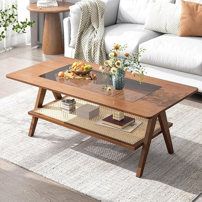 Mid Century Modern Coffee Table with Glass Top and Rattan Storage Shelf, Rectangular Walnut Wooden Coffee Table, Unique Center Tables for Living Room Apartment Home, 47.2 Inch