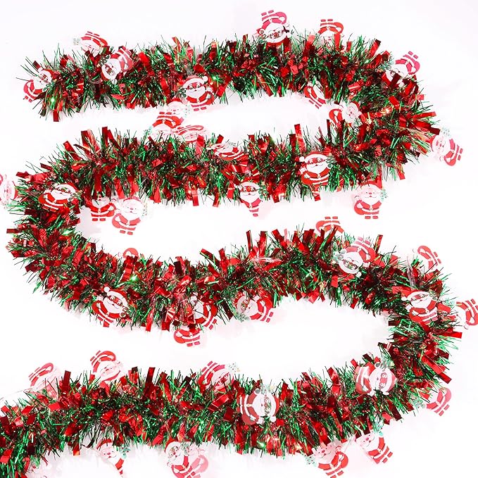 50FT Red Green Christmas Tinsel Garland with Santa Claus Ornaments, Metallic Twist Shiny Xmas Garland for Tree Decorations Fireplace Mantel Home Office Stair Party Outdoor Indoor Holiday Decor