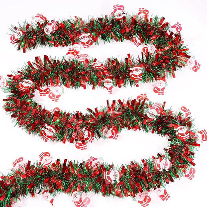 50FT Red Green Christmas Tinsel Garland with Santa Claus Ornaments, Metallic Twist Shiny Xmas Garland for Tree Decorations Fireplace Mantel Home Office Stair Party Outdoor Indoor Holiday Decor