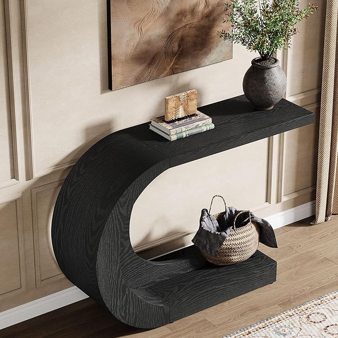 Tribesigns 43.3" Farmhouse Console Table for Entryway, Unique C-Shaped Rustic Sofa Table Behind Couch with Storage for Living Room, Hallway, Entry, Entrance, Foyer, Easy Assembly, Black