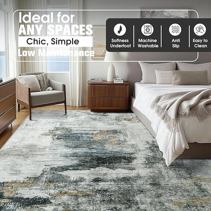 9x12 Area Rugs for Living Room Rug Washable: Abstract Large Rug for Dining Room Bedroom Carpet Non Slip 9 by 12 Indoor Modern Nursery Home Office Black Gold