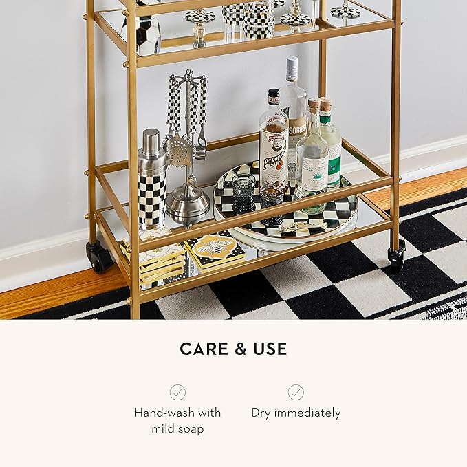 MACKENZIE-CHILDS Enamel Round Unique Serving Platter for Food and Drinks, Black-and-White Courtly Check