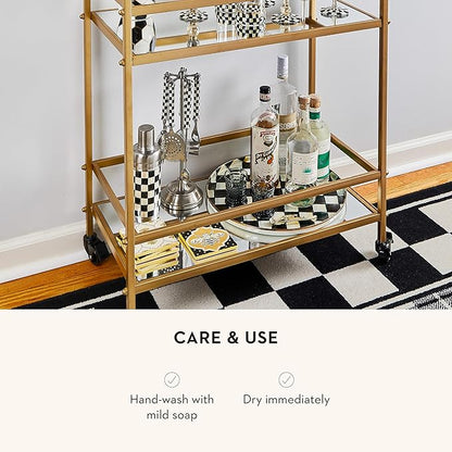 MACKENZIE-CHILDS Enamel Round Unique Serving Platter for Food and Drinks, Black-and-White Courtly Check