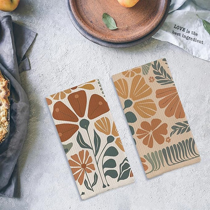 Abstract Boho Floral Kitchen Towels Retro Groovy Vintage Boho Floral