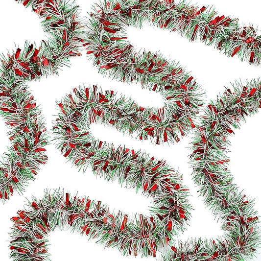 50 Feet Christmas Tinsel Garland Metallic Twist Garland Xmas Tree Decorations Wedding Birthday New Year Hanging Ornaments Party Supplies 3 Inch(Red, Green, White)