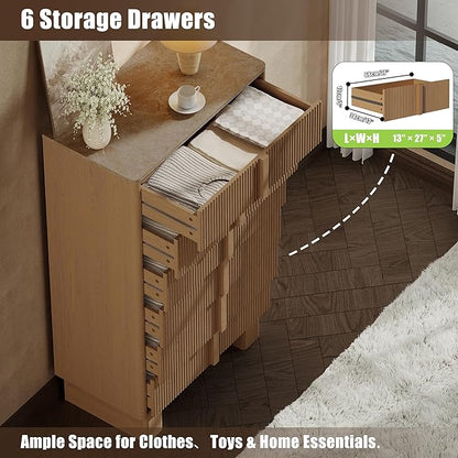 Fluted Dresser for Bedroom with 6 Drawers, 51'' H Modern Chest of Drawers with Wooden Handle, Wooden Dresser TV Stand, Wood Closet Clothes Storage Organizer for Living Room, Hallway, Natural Oak
