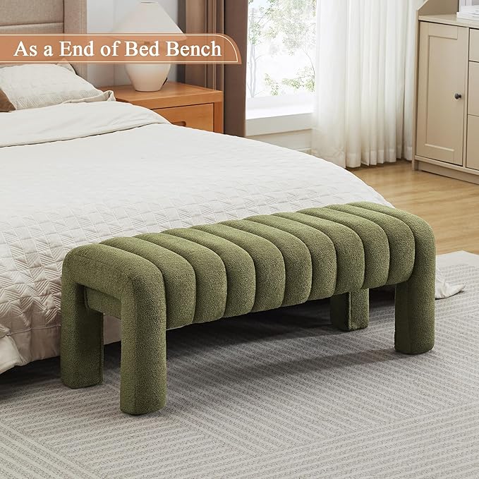 43’’ End of Bed Bench, Modern Boucle Entryway Bench, Upholstered Ottoman Stool with Full Coverage Fabrics, Ottoman for Bedroom, Living Room, Dining Room, Green