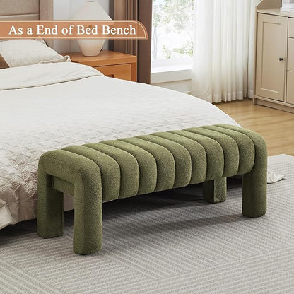 43’’ End of Bed Bench, Modern Boucle Entryway Bench, Upholstered Ottoman Stool with Full Coverage Fabrics, Ottoman for Bedroom, Living Room, Dining Room, Green