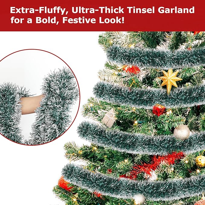 50ft Green & White Christmas Tinsel Garland - Metallic Glitter Twist Garland Hanging Streamers for Xmas Tree Decorations Indoor/Outdoor Decor