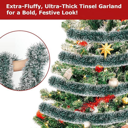 50ft Green & White Christmas Tinsel Garland - Metallic Glitter Twist Garland Hanging Streamers for Xmas Tree Decorations Indoor/Outdoor Decor