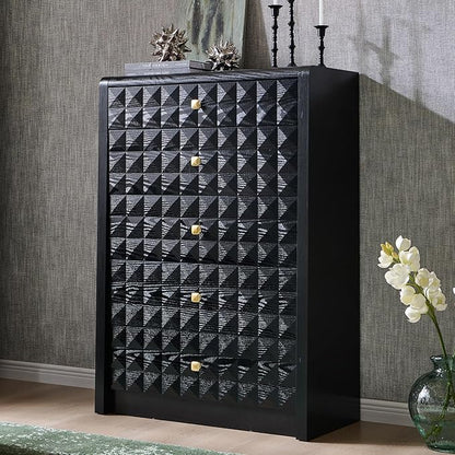 Modern 5 Drawer Dresser for Bedroom, Wooden Tall Dressers &Chests of Drawers w/Two Different Drawer Sizes, Mid Century Modern Dresser w/Diamond Panel Decorate for Bedroom, Curved Profile Design, Black