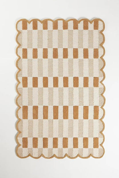 Hand-Tufted Wool Area Rug with Scalloped Edges, Neutral Beige Plaid Pattern, Cozy Soft Accent Rug for Living Room, Bedroom, and Nursery, Handmade Decorative Carpet, 8x8 Ft (Square)