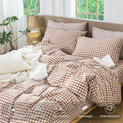 MooMee Gingham Duvet Cover Set 100% Washed Cotton Linen Like Textured Breathable Durable Soft Comfy Modern Checkered Design (Dark Orange Gingham, Super King 108"x98")