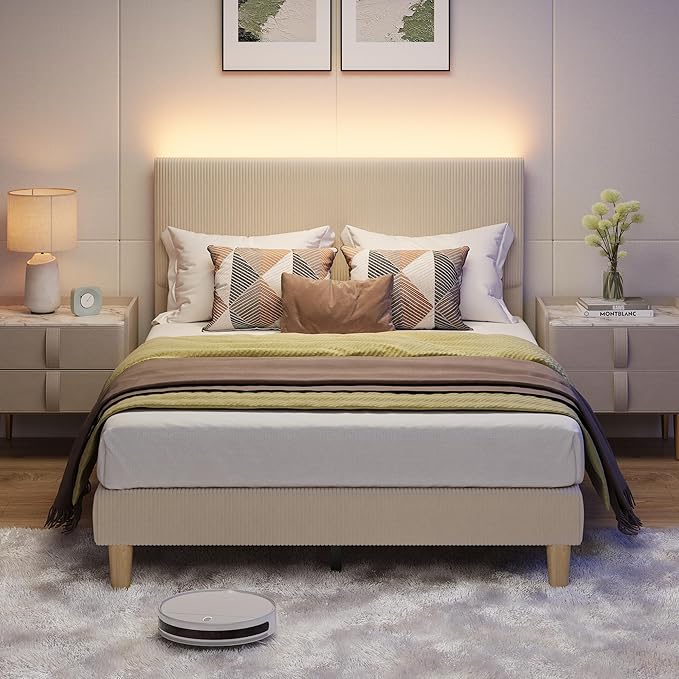 Bestier Full Bed Frame with Adjustable Headboard, LED Lighting, Vertical Channel Tufted Corduroy Upholstered, Solid Wooden Slats Support, No Box Spring Needed, Never Squeaks, Easy Assembly, Taupe