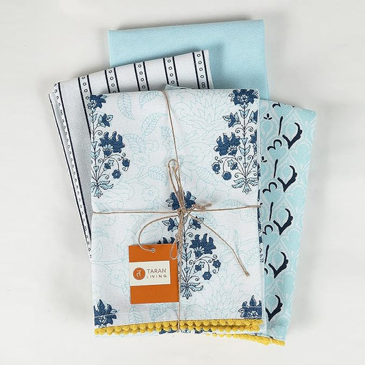 TARAN LIVING Printed Kitchen Dish Bar Tea Towels Cotton with Trims Hand Towel Gift for Mothers Day Cotton Dish Towel Sets Gift for Mom - White & Blue, Set of 4-18x28 inches