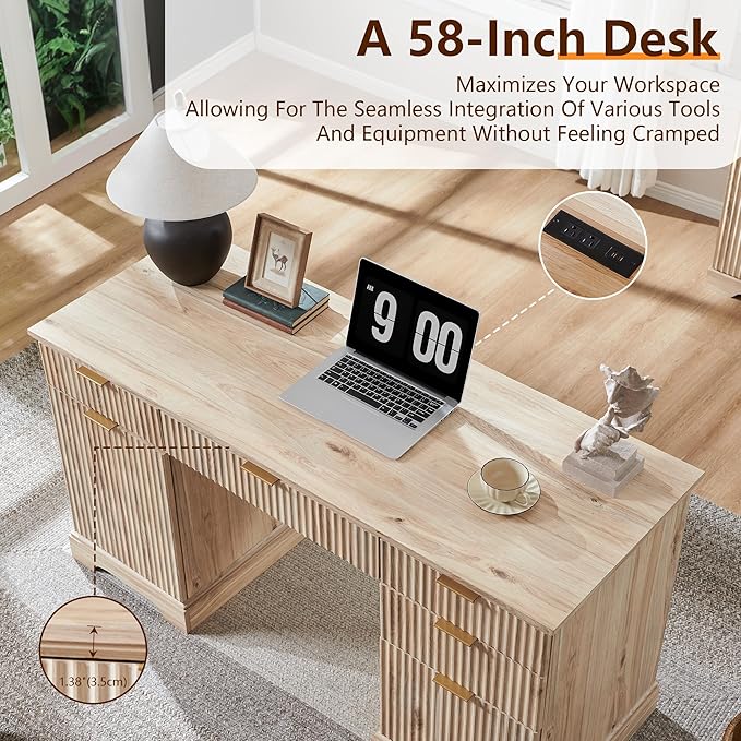 JXQTLINGMU 58" Modern Executive Desk with Storage, Wood Home Office Desk with 5 Drawers & 1 Cabinet, Fluted Computer Writing Desk for Study, Living Room, Bedroom, Oak