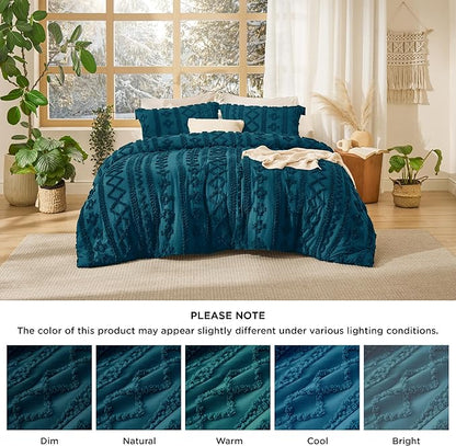 Bedsure Tufted Boho Comforter Set King Size - Teal Boho Bed Set, GentleSoft 3 Pieces Farmhouse Shabby Chic Embroidery Bedding, Gifts for Woman, Soft Jacquard King Comforter for All Seasons