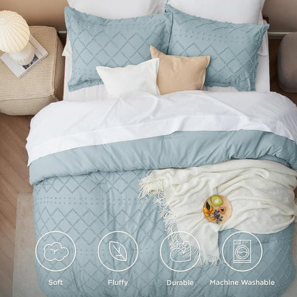 Bedsure Twin XL Comforter Set - Dusty Blue Comforter, Boho Tufted Shabby Chic Bedding for Kids, 2 Pieces Vintage Farmhouse Bed Set for All Seasons, Fluffy Soft Bedding with 1 Pillow Sham