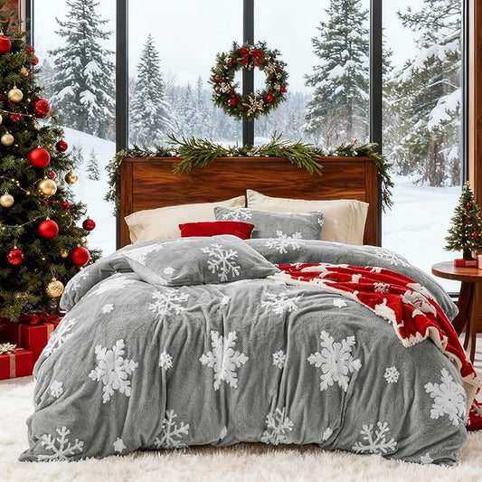 Bedsure Fluffy Duvet Cover Set - Ultra Soft Plush Shaggy Comforter Cover King Size, Warm Flannel Fleece Bed Sets for Winter, 3 Pieces, Snowflake Pattern, Grey