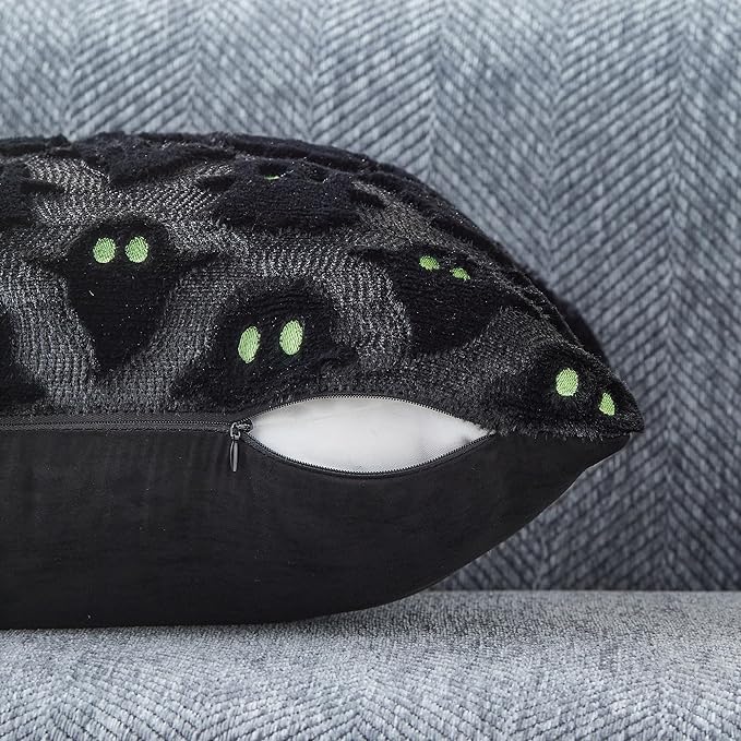 DFXSZ Halloween Pillow Covers 12x20 inch Set of 2 Black Ghost Throw Pillow Cases Soft Plush Faux Fur Wool Cushion Case for Chair Bedroom Living Room Home Decor PTK03F12