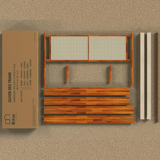 Bme Oliver Headboard Queen Size Bed Frame - 15-Inch Signature Design with Rattan Headboard, Bohemian and Mid Century Style, 12-Slat Wood Support, No Box Spring Needed - Easy Assembly, Caramel