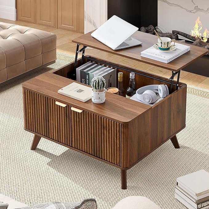 Fluted Lift Top Coffee Table with Large Hidden Compartment, 31.5” Wooden Center Table with Storage, Mid Century Modern Lift Tabletop Coffee Tables for Living Room Home Office, Walnut