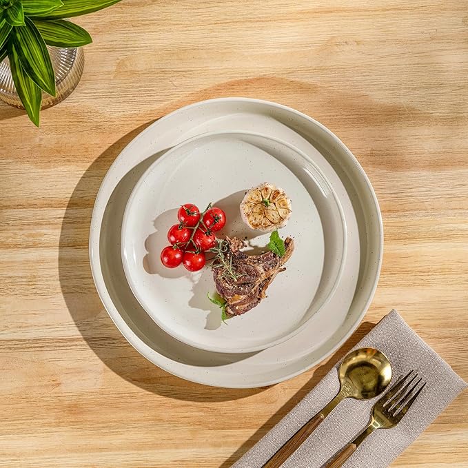 AmorArc 16 Pieces Ceramic Dinnerware Sets for 4, Handpainted Plates and Bowls Set with Rustic Terracotta Underside, Scratch Resistant Stoneware Dishes Set, Dishwasher & Microwave Safe, Light Beige