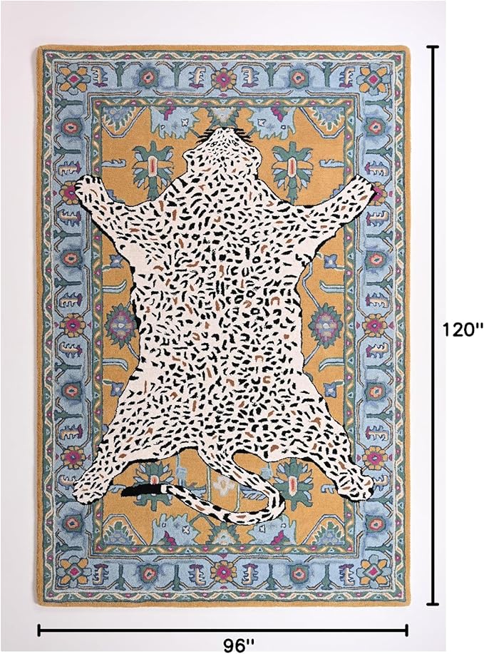 Handmade Leopard Wool Area Rug with Traditional Oushak Motif – Exquisite Animal Print Cheetah Rugs for Living Room, Bedroom | Plush Texture, Vintage Style, Thick & Durable Carpet (Blue, 10' x 14')
