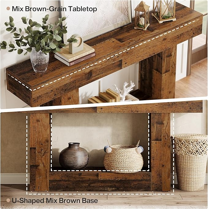 Tribesigns 63-Inch Long Console Table, 2-Tier Entryway Table Sofa Table with Storage, Farmhouse Wood Behind Couch Table for Living Room, Hallway, Rustic Mixed Brown