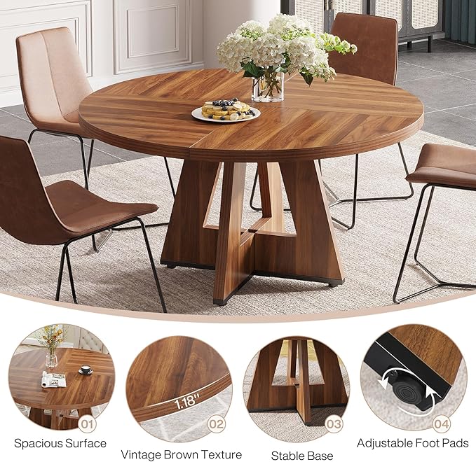 Tribesigns Farmhouse Dining Table 47 Inch Round Dinner Table for 4, Brown