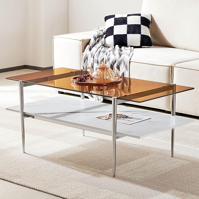 AGV LIGHTING Tadio Glass Coffee Table, Mid-Century Modern Coffee Table for Living Room, Chrome Finish Leg, Coffee Brown Glass Top & Faux Marble Wood Shelf, 41 in