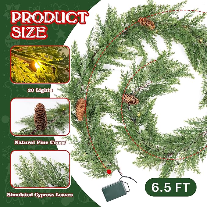 6 FT Christmas Garland with Lights, Battery Operated Pre-Lit Pine Cone Greenery, 20 Warm LEDs Artificial Xmas Decor with Timer, Holiday Decoration for Indoor Mantel Staircase Doorway Window