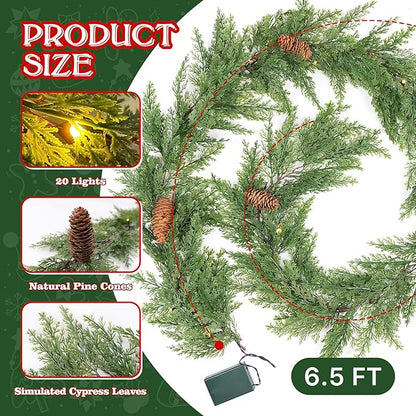 6 FT Christmas Garland with Lights, Battery Operated Pre-Lit Pine Cone Greenery, 20 Warm LEDs Artificial Xmas Decor with Timer, Holiday Decoration for Indoor Mantel Staircase Doorway Window
