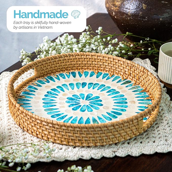 JUNGLE CULTURE Rattan Serving Tray 12" with Mother of Pearl Inlay • Coastal Boho Collection • Handcrafted Woven with Handles for Home • Round Dining Tray • Wicker Serving Basket – Ripple