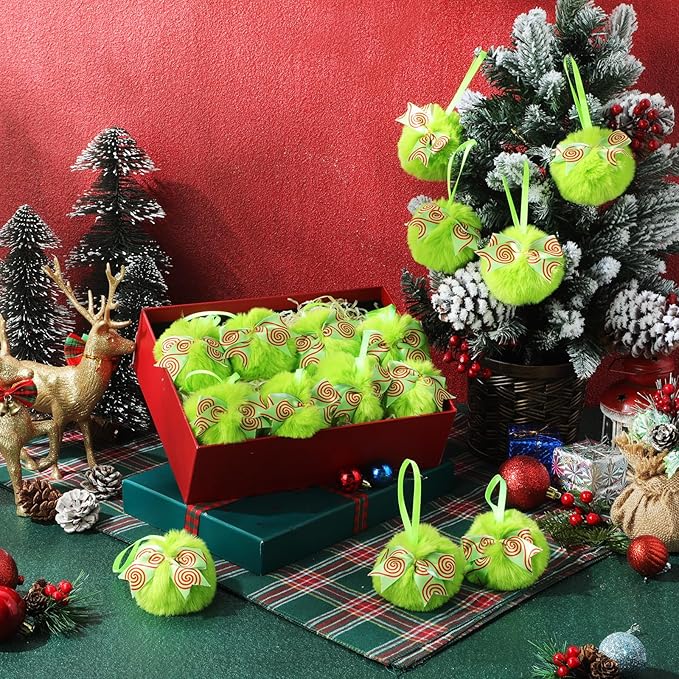 Liliful 18 Pcs Lime Green Furry Christmas Ball Ornaments3.15 Inch Bow Xmas Furry Ornaments Hanging Christmas Pom Pom Ball Decorations for Home Xmas Tree Party Supplies Wall Decor(Style 1,Green)