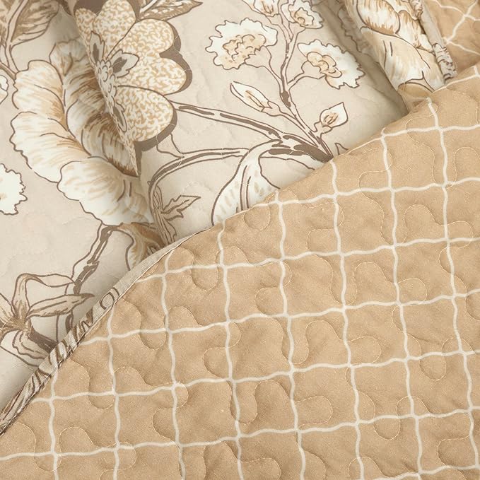 Lush Decor Sydney Reversible Cotton Quilt Set Queen 3 Piece Bedding, Beige Floral Neutral