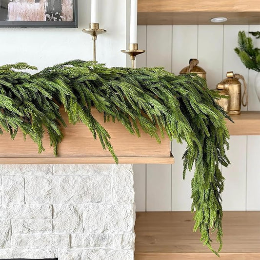 2PCS 6FT Christmas Garlands, Realistic Norfolk Pine Garlands Artificial Greenery Garland Faux Pine Needle for Stairs Railing Fireplace Table Decor