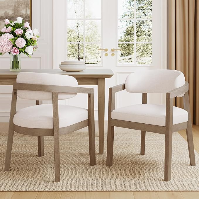 Christopher Knight Home Set of 2 Lanford Fabric Upholstered Dining Chairs, Curved Backrest Kitchen Side Chair, Soft Padded Seat&Back Cushion, Solid Wood Armchair, Ergonomic Extra Seat,Beige+Light Ash