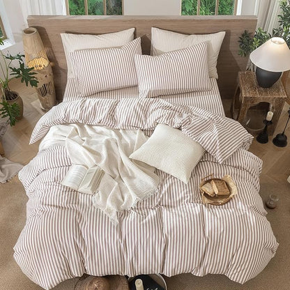 MooMee Striped Duvet Cover Set 100% Washed Cotton Linen Like Textured Breathable Durable Soft Comfy (Orange Classic Stripes, Palatial King/Oversized King 120"x98")