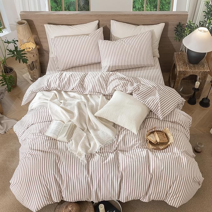 MooMee Striped Duvet Cover Set 100% Washed Cotton Linen Like Textured Breathable Durable Soft Comfy (Orange Classic Stripes, Twin 68"x90")