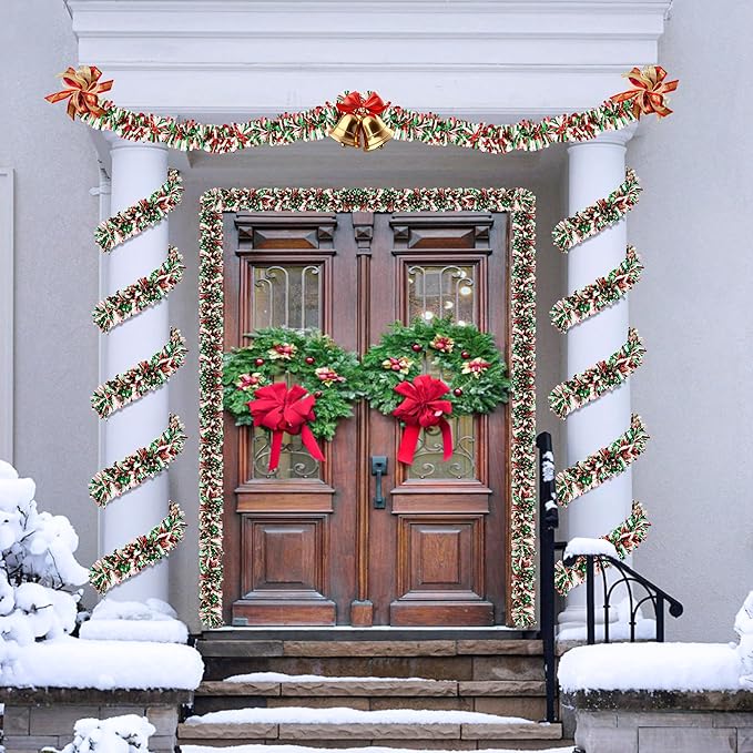 50 FT Christmas Tinsel Garland for Christmas Tree Decorations, Red Green White Metallic Twist Shiny Hanging Xmas Garlands for Stairs Mantle Fireplace Home Indoor Outdoor Holiday Party Suppliers Decor