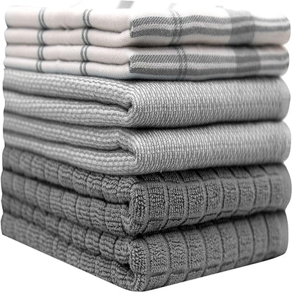 Premium Kitchen Dish Towels Set of 6 Large Cotton Hand Towels Absorbent Tea Towels, Grey Check