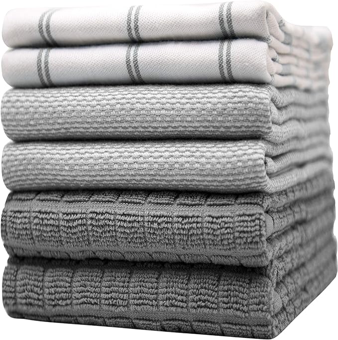 Premium Kitchen Dish Towels Set of 6 Large Cotton Hand Towels Absorbent Tea Towels, Grey Check