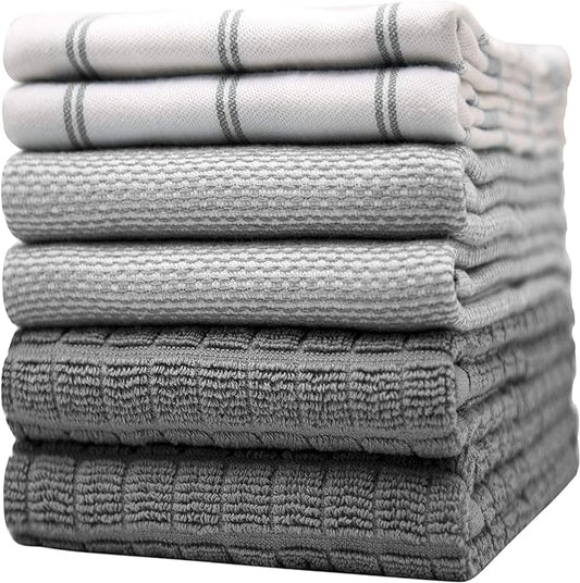 Premium Kitchen Dish Towels Set of 6 Large Cotton Hand Towels Absorbent Tea Towels, Grey Check