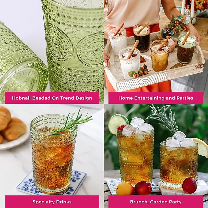 Kate Aspen Hobnail Beaded Floral Green Drinking Glasses Set of 6, (13 oz) Vintage Glassware Set Cocktail Glass Set, Juice Glass, Water Cups | Great Hostess Gift & Gift for New Home Owners