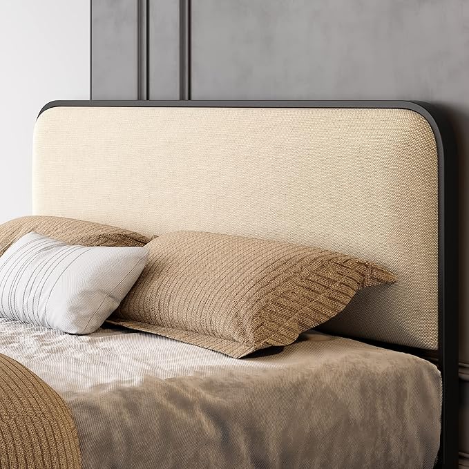 SHA CERLIN Queen Size Platform Metal Bed Frame with Curved Upholstered Headboard and Footboard, Large Under Bed Storage, No Box Spring Needed, Modern, Beige